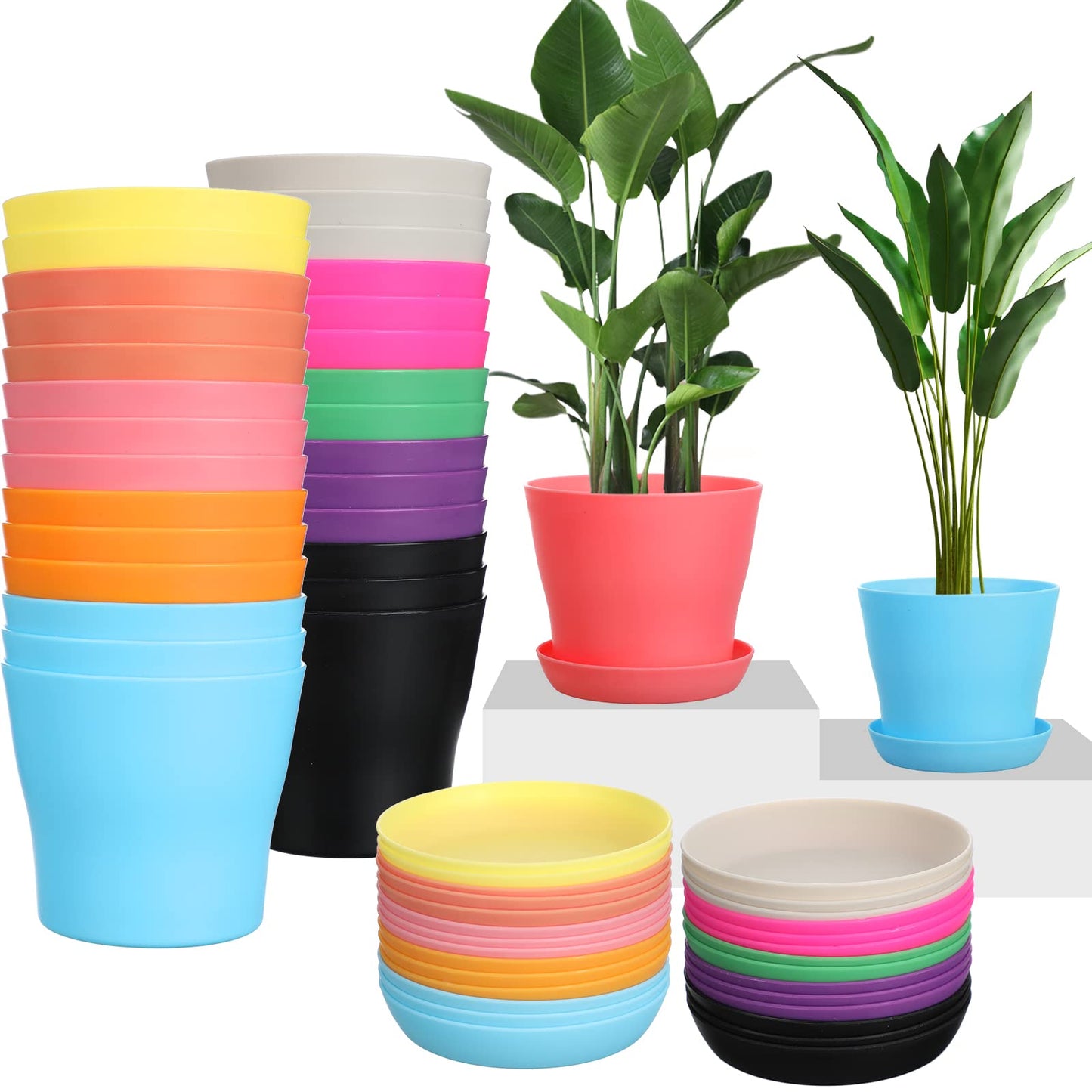 Potchen 33 Pack Plastic Plant Pots Bulk with Saucers Thickened Reusable Nursery Planters with Drainage Holes Colorful Small Flower Pots for Indoor Herbs Seedlings(4 Inch)