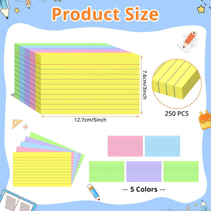 Index Cards 3 X 5 Inches, 250 Count, Colored Flash Cards For Studying, Lined Flashcards Notecards, Study Card, Ruled Front And Blank Back, Heavy Note Cards For Office, Home And School