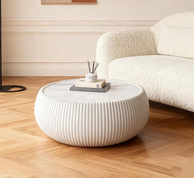 SSLine Round Drum Coffee Table Modern Sintered Stone Top Coffee Table in Cream