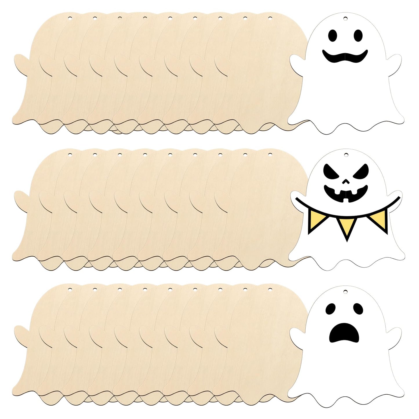 kuchisity Large Size 7'' Wooden Halloween Ornaments to Paint 30 Pcs DIY Blank Unfinished Ghost Wooden Cutouts with Twines for Halloween Thanksgiving Day Fall Party