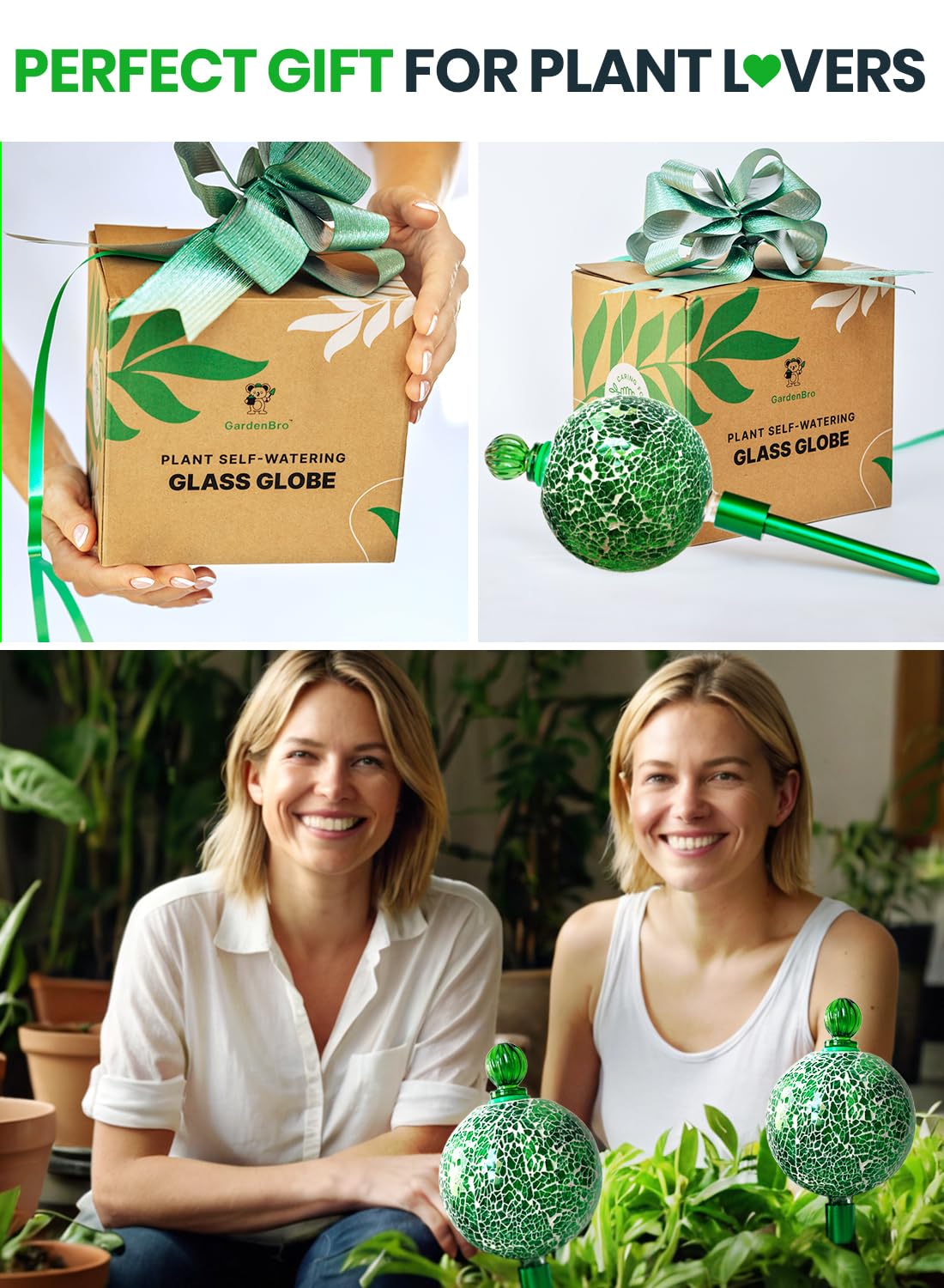16 Oz Plant Watering Globes for Indoor Plants with Metal Self Watering Planter Insert - Premium XL Glass Hand-Blown Globe - Automatic Plant Waterer Indoor, Gift Idea for Gardeners [1 Globe, Mosaic]