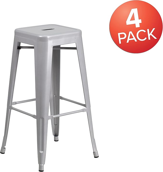 Flash Furniture Lily 4 Pack Commercial Grade 30" High Backless Silver Metal