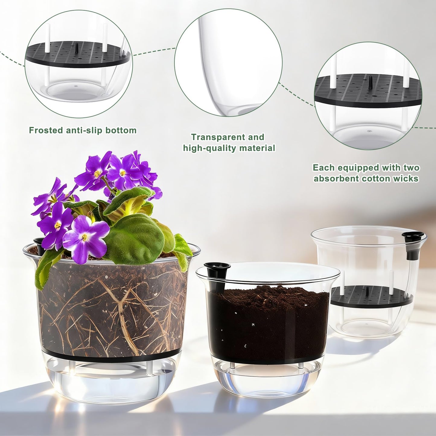 Ferrochef 6 Pcs Clear Self Watering Pots for Indoor Outdoor Plants Flowers, 2 Each of 4, 5 and 6 Inch Self Watering Planters with Reservoir, Drainage Hole and Absorbent Cotton Rope