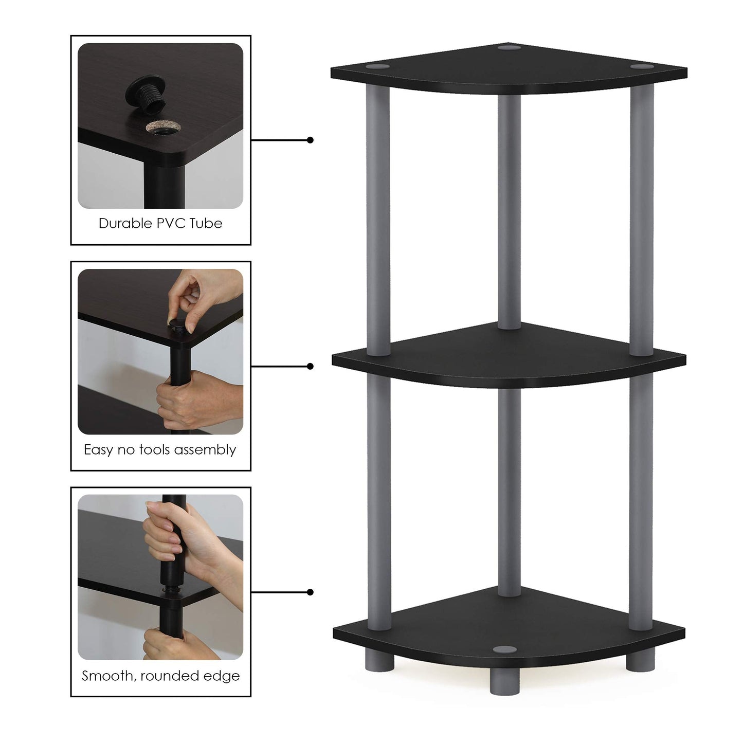 Furinno TURN-N-TUBE Corner Shelf, 3-Tier Corner Bookshelf, Display Storage Shelves with Open Shelves, for Organization and Storage, Living Room, Home Office, Garage, Black
