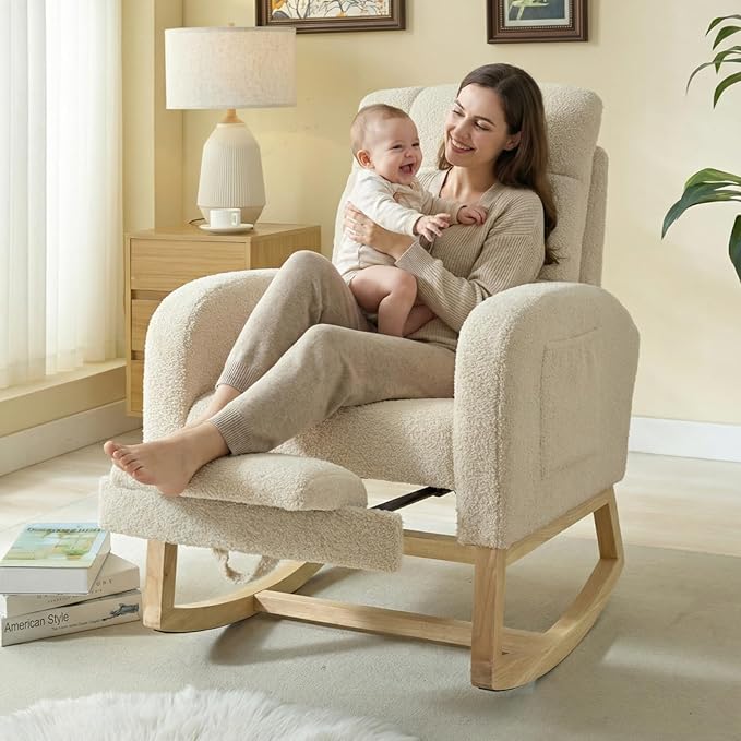 NIOIIKIT Modern Nursery Rocking Chair, Teddy Upholstered Rocking Chair