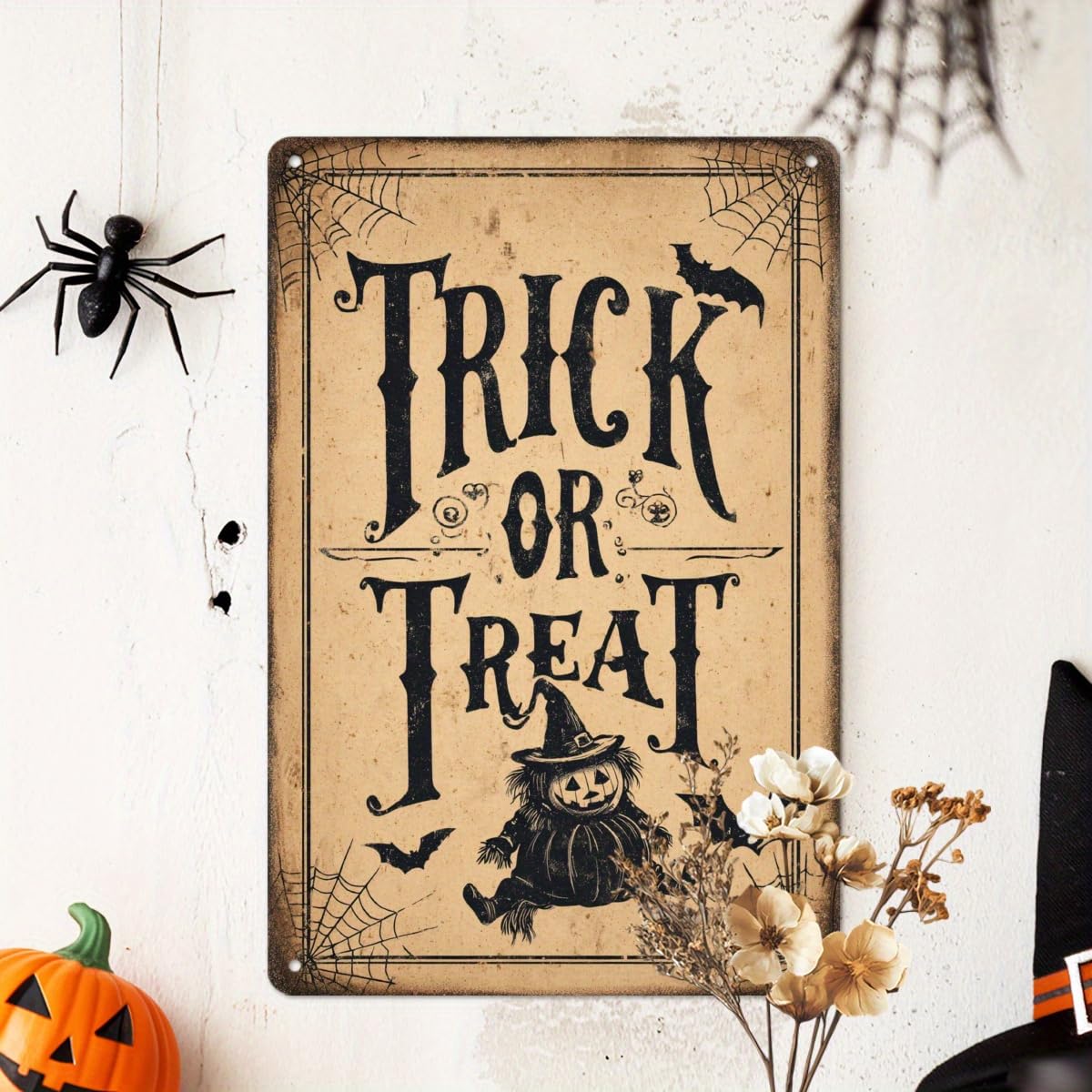 Trick or Treat Halloween Scarecrow Pumpkin Retro Metal Tin Sign Wall Art Decor for Front Door Home Farmhouse Halloween Party Indoor Outdoor 8x12 Inch