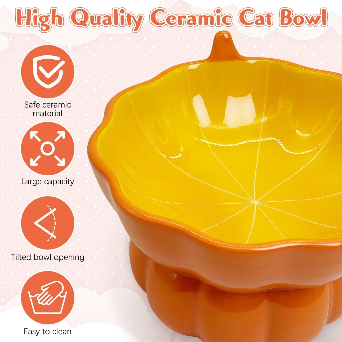 Hamiledyi Ceramic Raised Cat Bowl Tilted 15° Elevated Cat Bowl for Food or Water Anti Vomiting and Whisker Fatigue Cute Pumpkin Shaped Pet Feeder Bowl for Indoor Cats Kitten and Dogs (Orange Pumpkin)