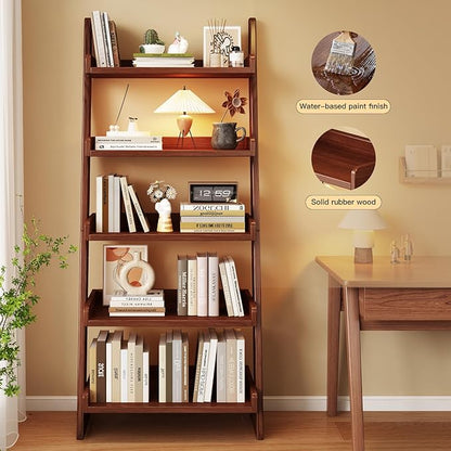 5 Tier Ladder Shelf, Leaning Bookshelf with Wood Frame, 5 Shelf Tall Bookcase Standing Storage Organizer Solid Wood Storage Shelves for Living Room, Bedroom, Home Office (Walnut)