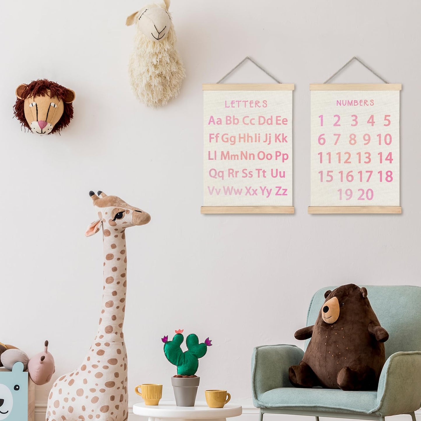 Supwhd Classroom Wall Decor, Numbers and Alphabet Educational Wall Art Poster, Alphabet ABC Numbers from 1 to 20 Poster Wall Decor for Toddler Kids Room Playroom Classroom, 12x16 Set of 2（Pink）
