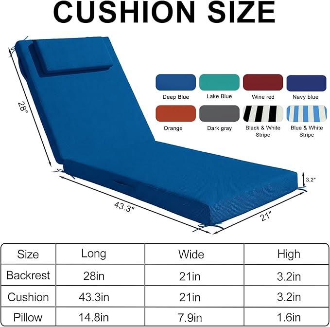 Outdoor Chaise Lounge Cushions, 71x21 Inch Olefin Water & Fade Resistant Pool