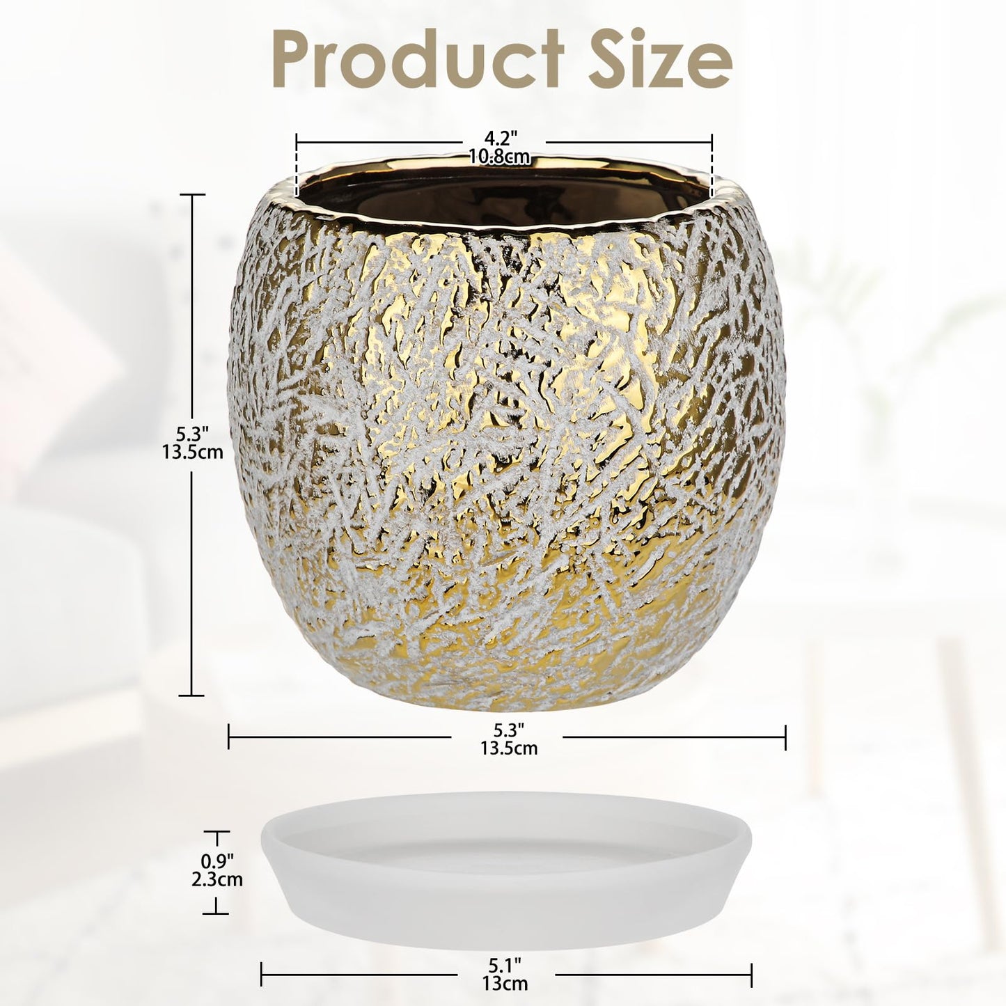 Ceramic Plant Pots for Plants Indoor 5.3 Inch Round Gold and White Flower Pot Gilded Decorative Planter with Drainage Hole and Saucer Modern Ceramic Pot for Succulents Orchids Cactus Herbs Home Decor