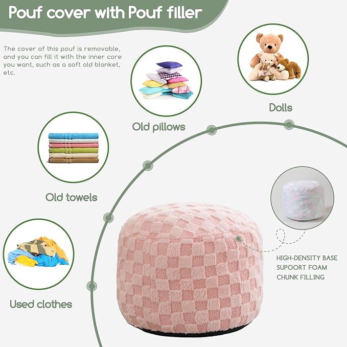 HIGOGOGO Round Stuffed Pouf Ottoman, Plaid Poufs