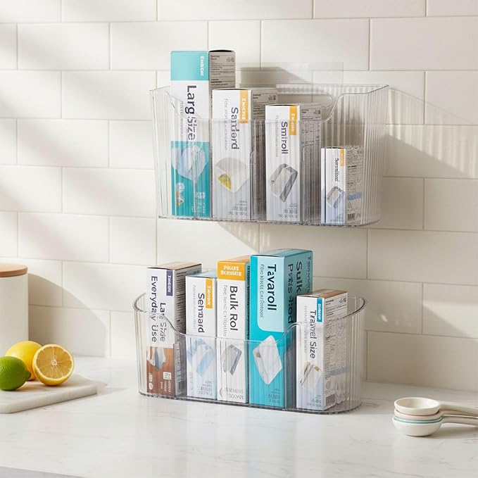 2 Pack Foil and Plastic Wrap Storage Rack, Adhesive Aluminum Foil Organizer for Cabinet Door and Pantry, Space-Saving Wrapping Paper Storage for Kitchen Cabinets, No Drilling, Clear