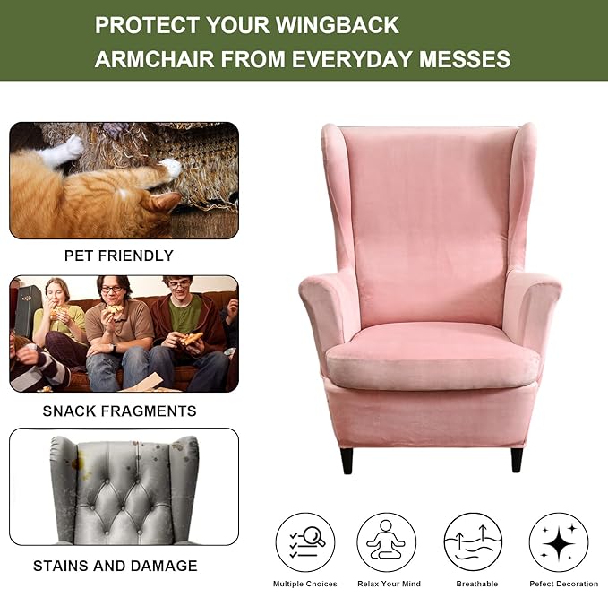 HAOYONG Velvet Wingback Armchair Covers 2-Piece Elastic Stretch Wingback Chair