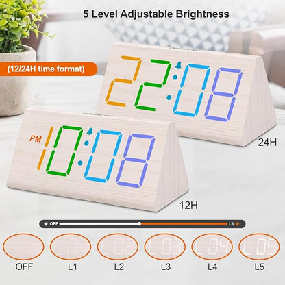 DreamSky Wooden Digital Alarm Clock for Bedroom with RGB Large Numbers | Electric Desk Clock, USB Port, Loud Alarm for Heavy Sleepers, Dimmer and Volume Control, Snooze, Wood Décor, Adapter Powered