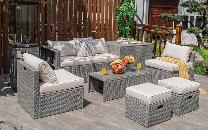 Tangkula 8 Piece Patio Wicker Furniture Set, Patiojoy Space Saving Outdoor PE