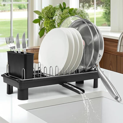Small Dish Drying Rack for Kitchen Counter, Dish Rack with Detachable Utensil Holder and Draining Tray, Upgraded Load-Bearing Design for Plates Cutlery Pans and Pot Lids, Black