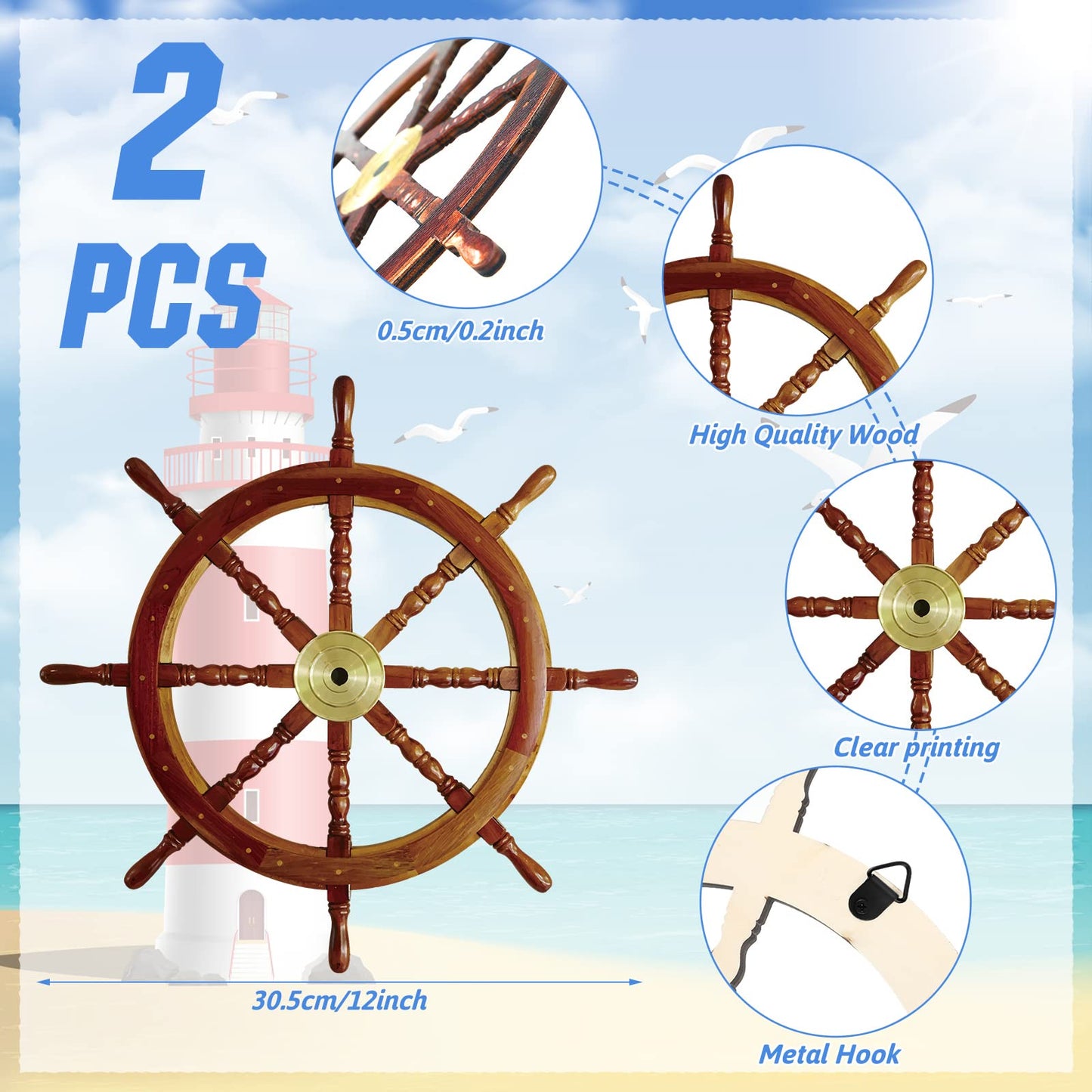 Tatuo 2 Pcs Ship Wheel Wall Decor Pirate Party Decorations Thin Flat Wooden Nautical Wall Art 2d Wood Beach Boat Cruise Ship Steering Wheel for Home Bedroom Decor(12 Inch)