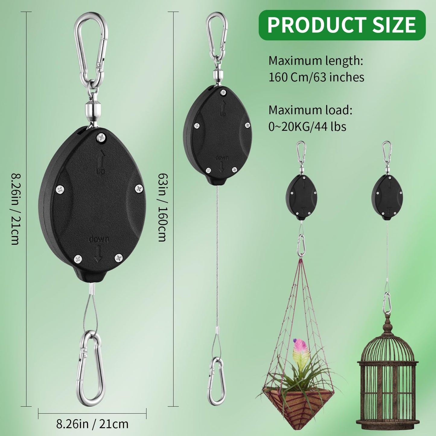 4 Pack Heavy Duty Retractable Plant Hangers, Adjustable Pull-Down Pulleys with 63" Stainless Steel Rope, Double Hooks for Hanging Plants, Bird Feeders, Planters & Pots, Indoor & Outdoor Use