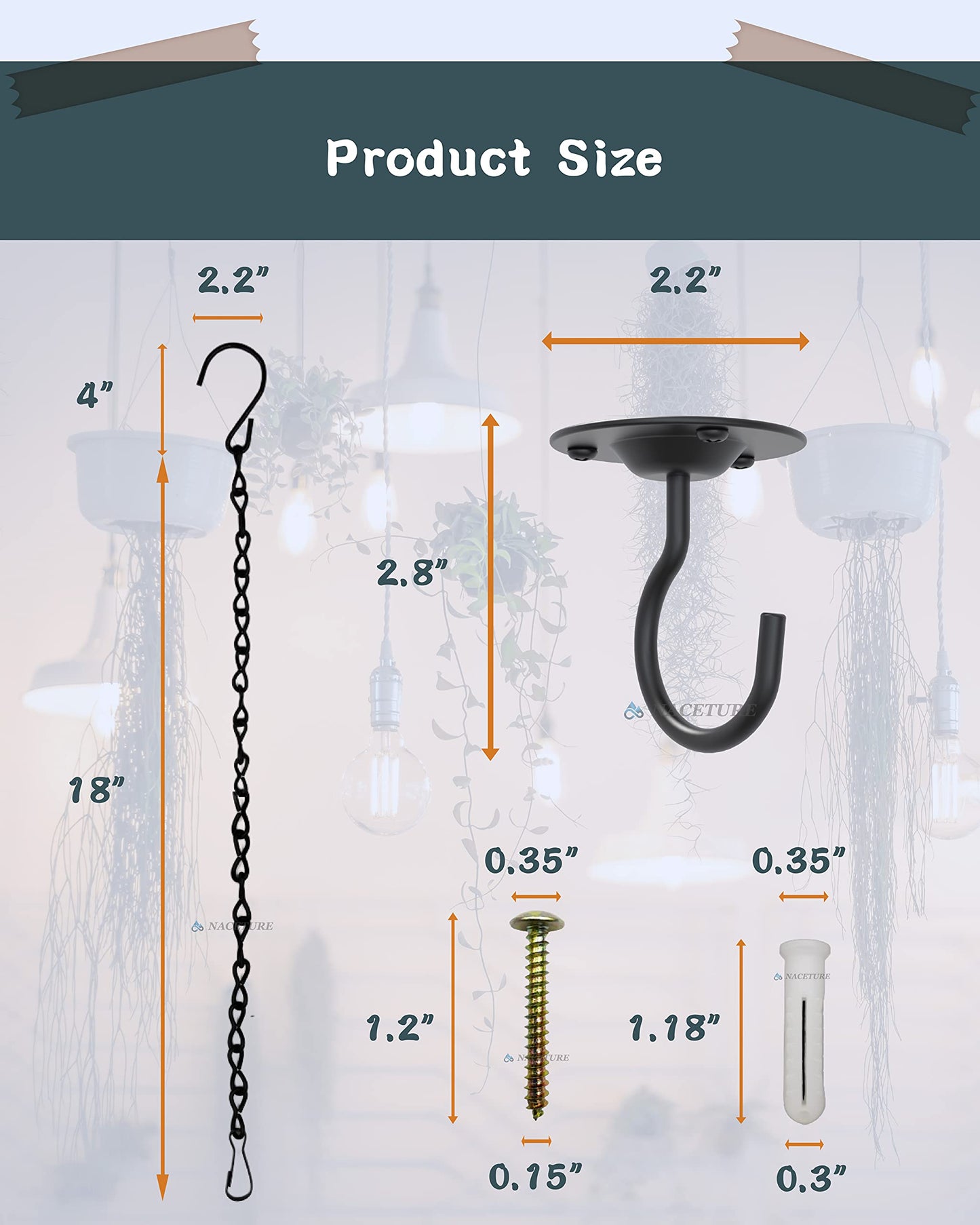 NACETURE Ceiling Hooks for Hanging Plants 3 Pack - Plant Hanger Indoor Hanging Hooks Metal Plant Bracket Iron Lanterns Hangers for Wind Chimes (White 3 Pack + Chain)
