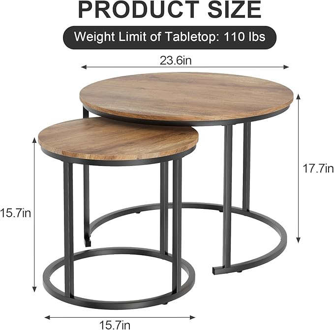 Garden 4 you Nesting Coffee Table, 23.6" Round Coffee Table Set of 2, Wooden