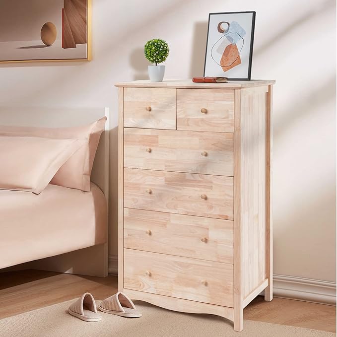 VINGLI Unfinished Natural Solid Wood 6 Drawer Dresser