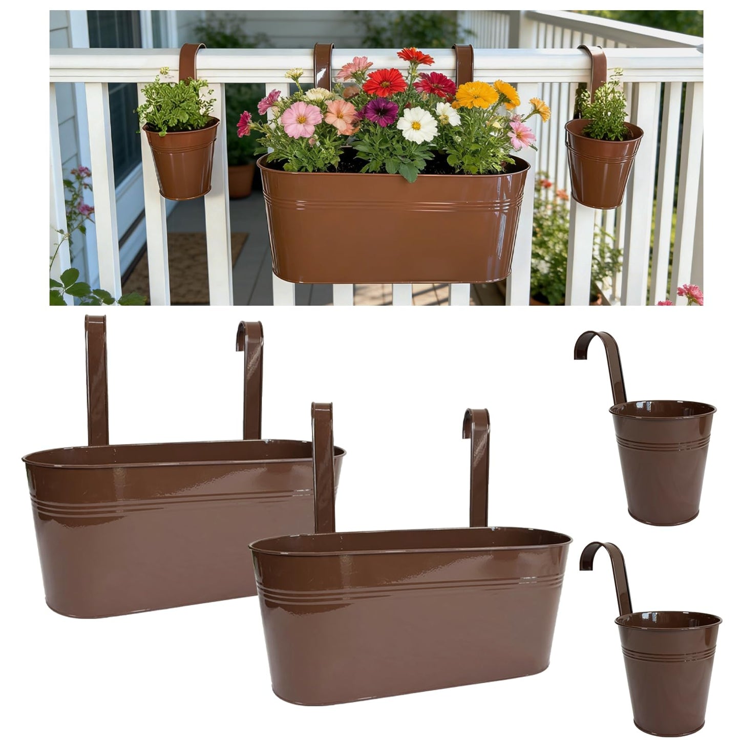 Joyfernal Set of 4 Outdoor Metal Railing Planters Box - 2 Pcs 5.12" Round Balcony Hanging Planter & 2 Pcs 17" Oval Fence Pot with Detachable Hooks Drainage, Chocolate
