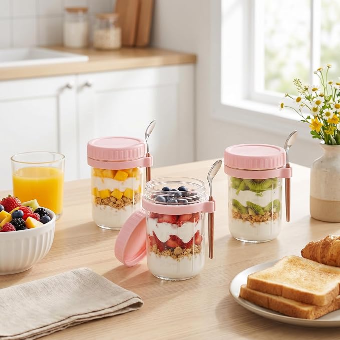 OcePor 6 Pack Overnight Oats Containers with Lids and Spoons, 16 OZ Glass Mason Overnight Oats Jars, Large Capacity Airtight Jars for Milk, Cereal, Fruit (Pink+Wooden-handled spoon)