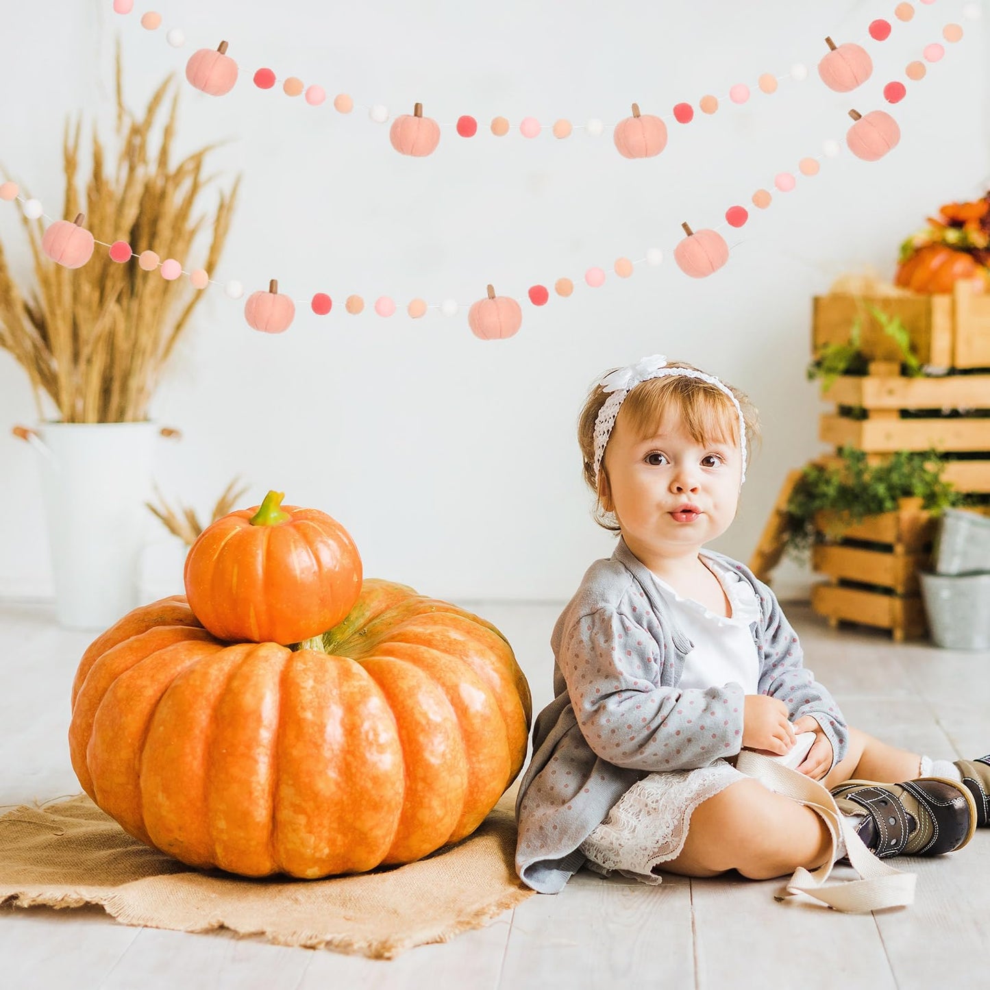 Whaline 8.2Ft Fall Felt Ball Garland Pink Pumpkin Pom Pom Hanging Banner Harvest Pumpkin Felt Ball Garland Cute Autumn Decor for Fall Thanksgiving Festive Party Home Mantel Wall Window