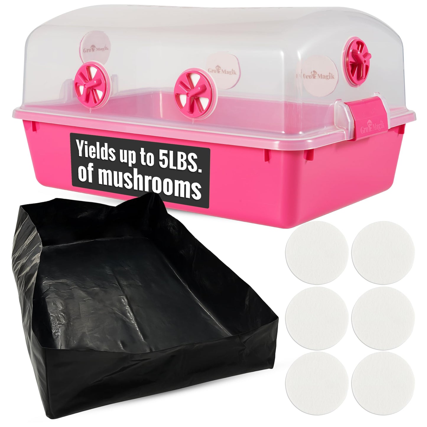Gro Magik Premium Mushroom Monotub Grow Kit [XLarge, 68Q] Portable and Compact Fruiting Chamber with Plugs, Filters and Adjustable Air Vents, 22.8 x 15.7” x 12”, Pink