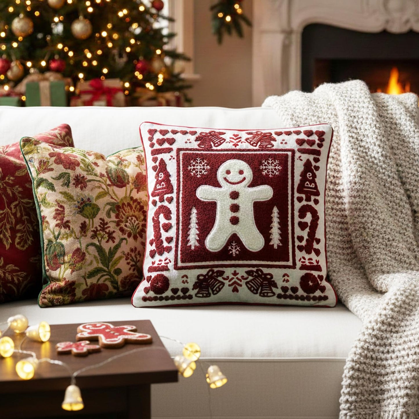 Christmas Throw Pillow Covers 18x18 Set of 2, Embroidered Gingerbread Man Cushion Covers with Snowflake Christmas Tree, Red White Holiday Decorative Pillow Cases for Sofa Couch Living Room Home Decor