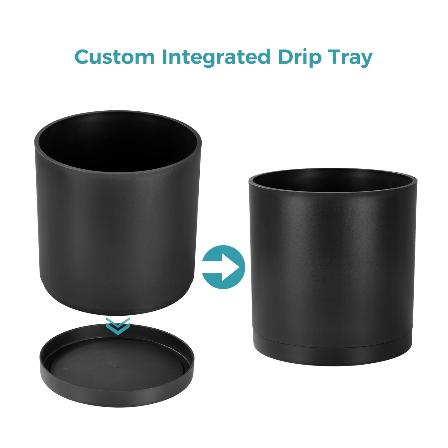 FaithLand 12-Inch Large Modern Cylinder Planter, Thick-Walled Plastic Plant Pot with Drainage Holes and Detachable Saucer, Matte Black, Ideal for Indoor & Outdoor Plants Flowers