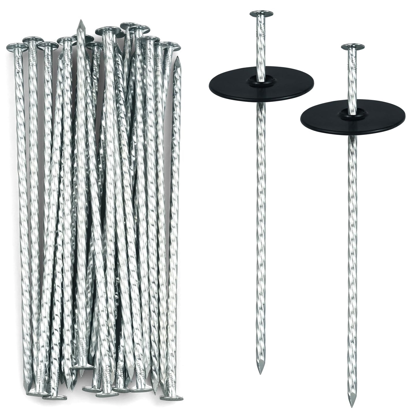 EISENSP 8 Inch Heavy Duty Landscape Stakes with Gasket Caps - 200 Sets Galvanized Spiral Garden Spikes Kit for Securing Weed Barrier Fabric, Artificial Turf, Tent and More