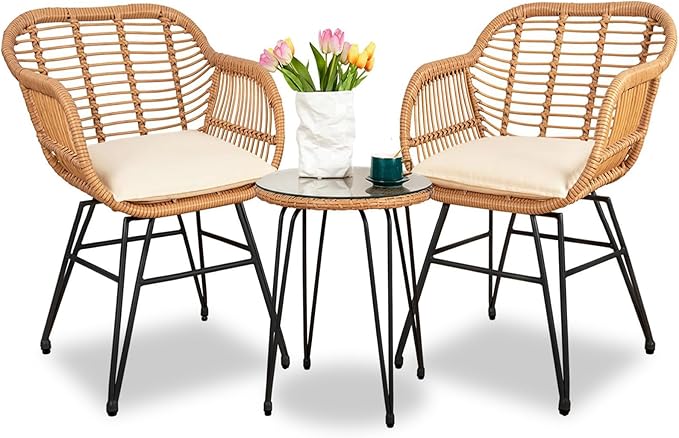 3 Piece Outdoor Wicker Furniture Bistro Set, Rattan Chairs Conversation Sets