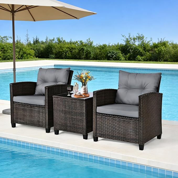 COSTWAY 3PCS Patio Furniture Set, PE Rattan Wicker Sofa w/Washable Cushion and