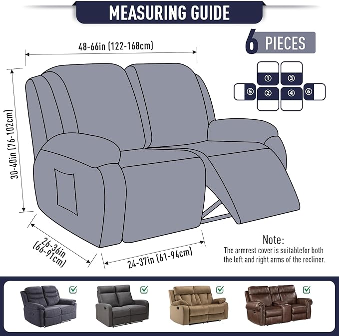 TAOCOCO Recliner Loveseat Slipcover, 6 Pieces Dual Recliner Sofa Covers