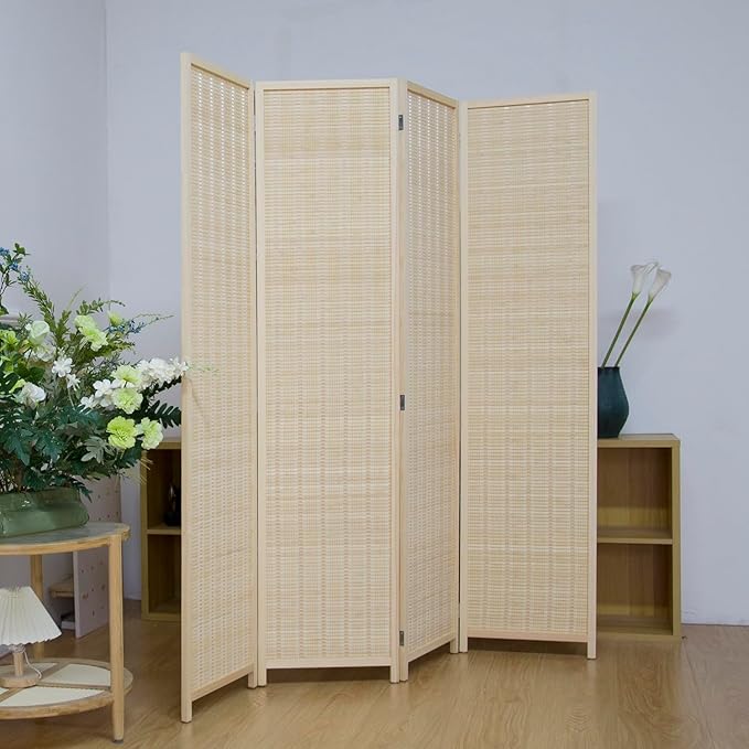 4 Panel Bamboo Room Divider Screen, 5.6 FT Tall Bamboo Divider Folding Privacy