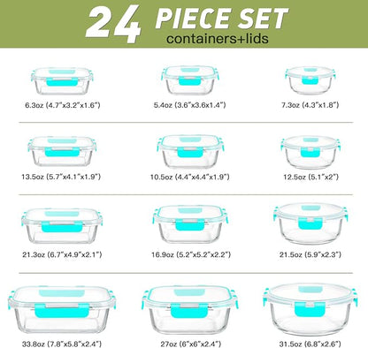 BAYZZ 24 Piece Glass Food Storage Containers with Lids, Airtight Glass Meal Prep Containers for Kitchen, BPA-Free Lunch Box, Microwave and Freezer Safe,Green