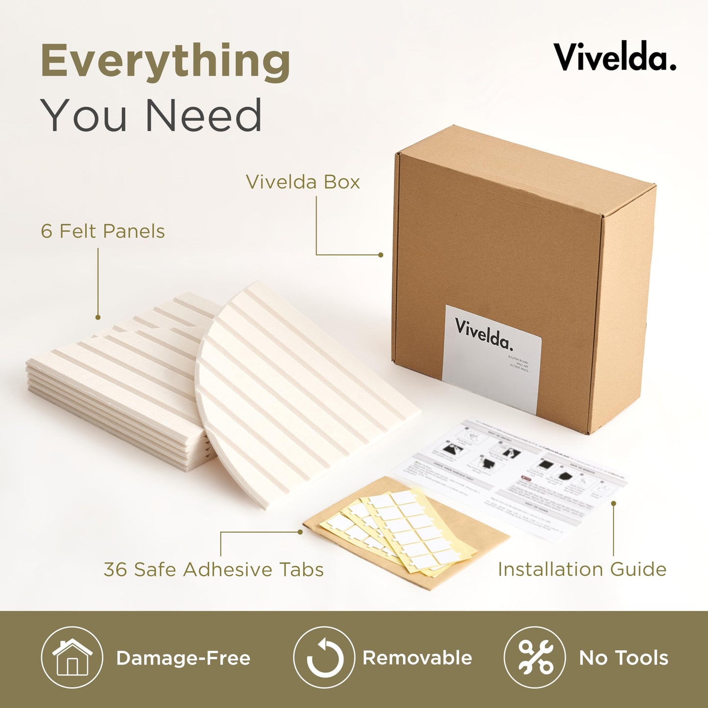 VIVELDA Large Felt Bulletin Board Arched 35" x 24" - Cork Board Alternative for Wall, 6 Felt Tiles with 32 Adhesive Tabs, Stylish Pin Board for Home Office, Bedroom & Classroom (Linen)
