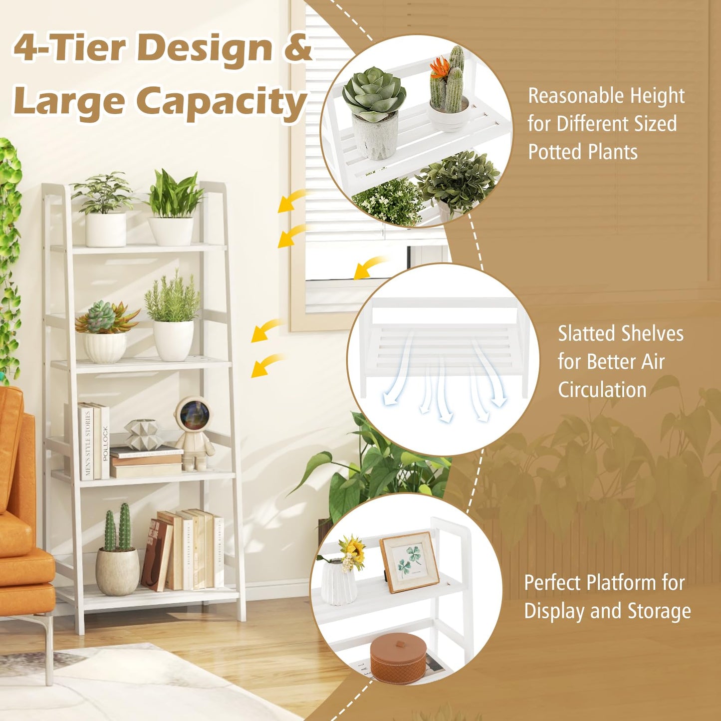 Giantex 4-Tier White Ladder Shelf, Bamboo Open Bookcase Book Shelf with Storage, 47.5" Freestanding Display Shelving Unit Plant Stand Rack Organizer, Shelves for Bedroom, Living Room, Home Office