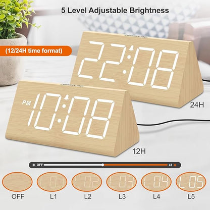 DreamSky Wooden Digital Alarm Clock for Bedrooms with Large Numbers | Electric Desk Clock, USB Port, Loud Alarm for Heavy Sleepers, Adjustable Volume, Dimmer, DST, Wood Décor Gifts, Plug in Clock