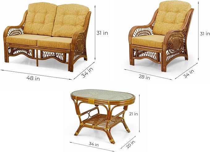 Malibu Lounge Set of 4: 2 Natural Rattan Wicker Chairs, Three-Seater Sofa