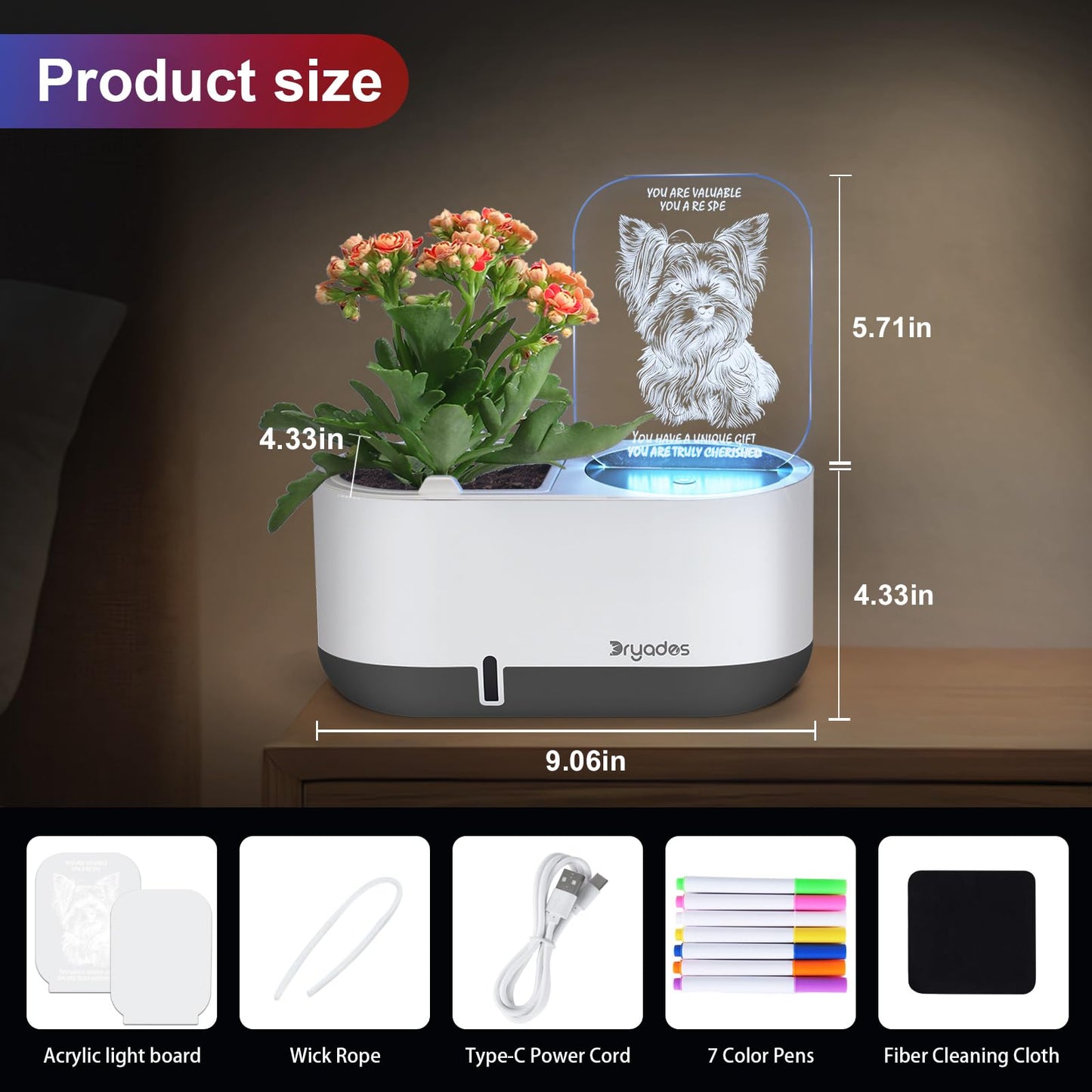 DRYADES Self-Watering Plant Pot with LED Note Board & 7 Colors Pen, Led Acrylic Message Board with Plant Pot,Dog Board Night Light with Planting Pot for Mother's Day/Children's Day Gifts(No Plant)