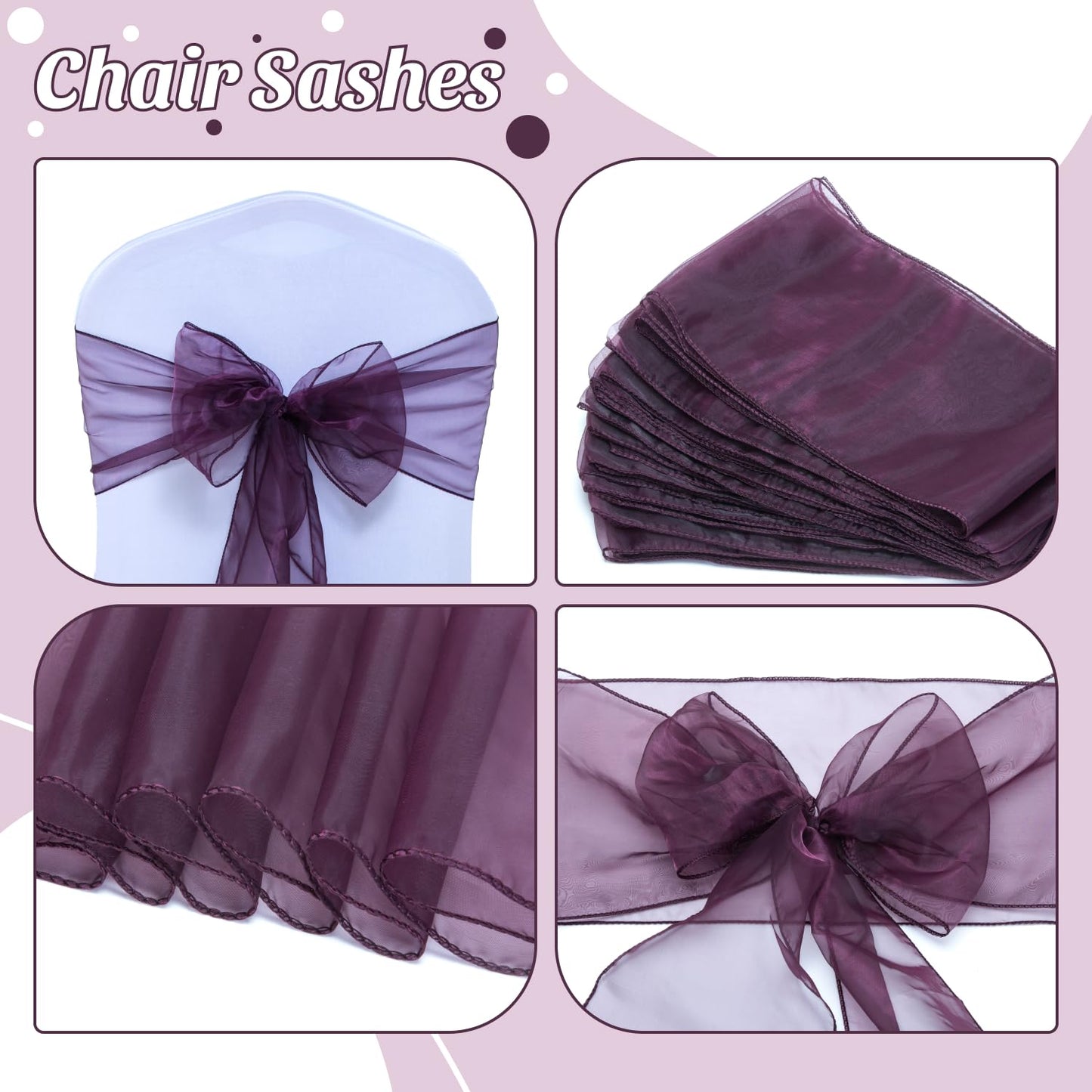 MDS® Pack of 25 Organza Chair Sashes for Wedding Decoration, Reusable Sheer Chair Bows for Banquet Chair Cover, Reception, Bridal Shower, Baby Shower, Birthday Party & Special Events - Plum