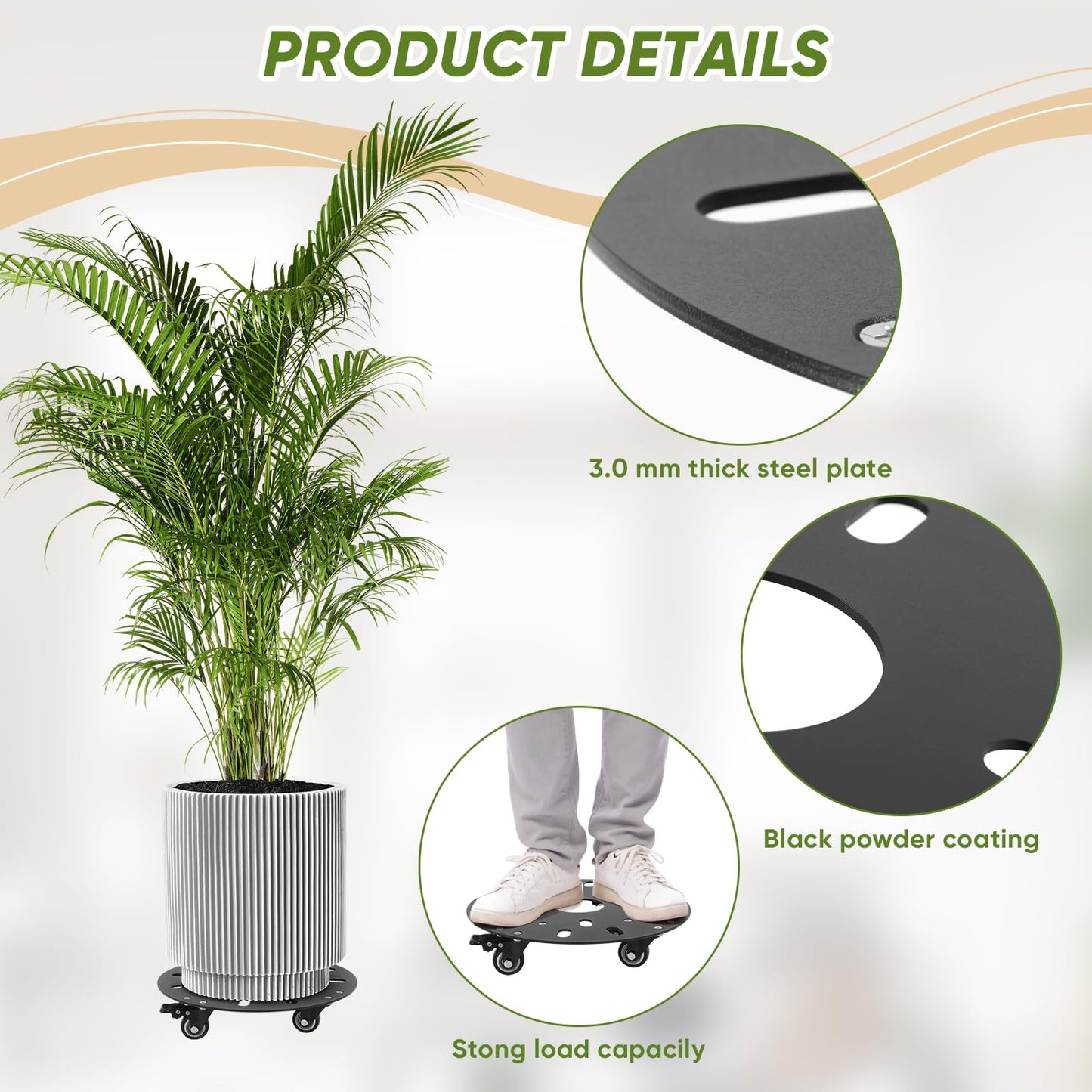 MJHHAPY 12‘’ Heavy Duty Plant Caddy with Wheels,3.0mm thick carbon steel Rolling Plant Stand,Plant Holder Coaster Trolley,Planter Mover Rollers Base,Holds up 450lbs Planter
