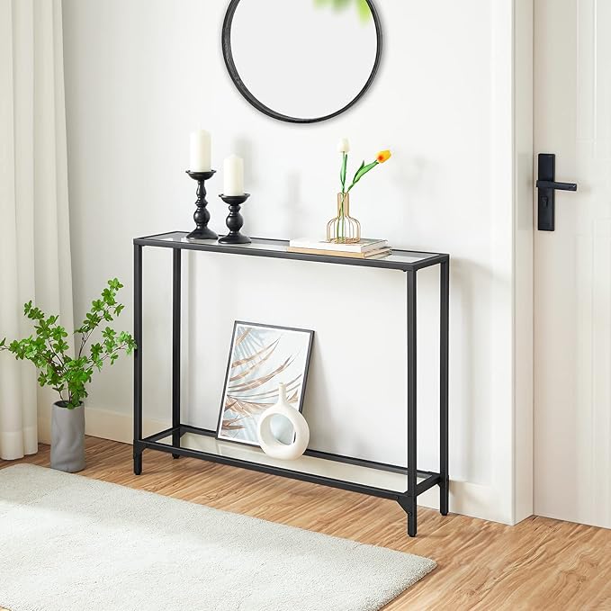 HOOBRO 39.4" Narrow Console Table, Tempered Glass Sofa Table, Behind Couch
