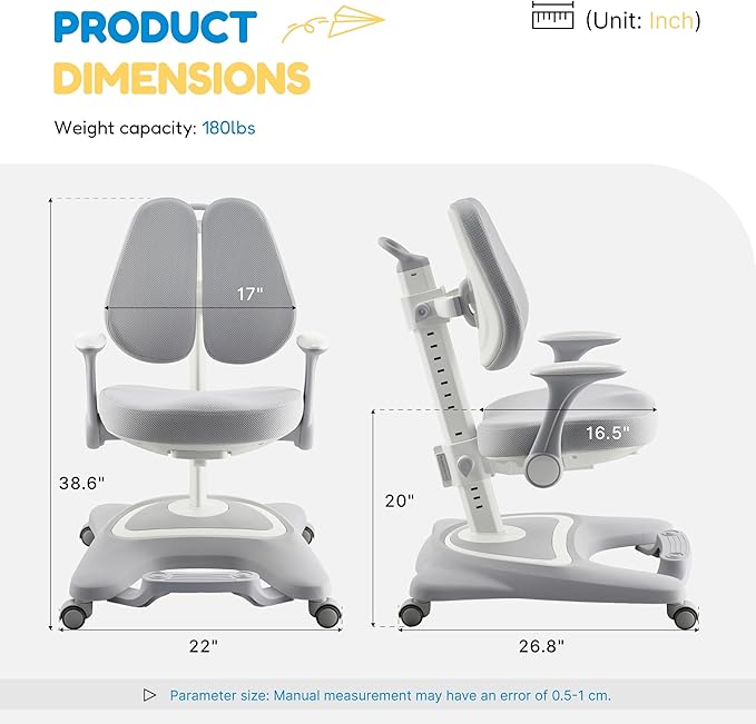 ERIYA Kids Desk Chair, Ergonomic Chair: Height-Adjustable, Double Back Support