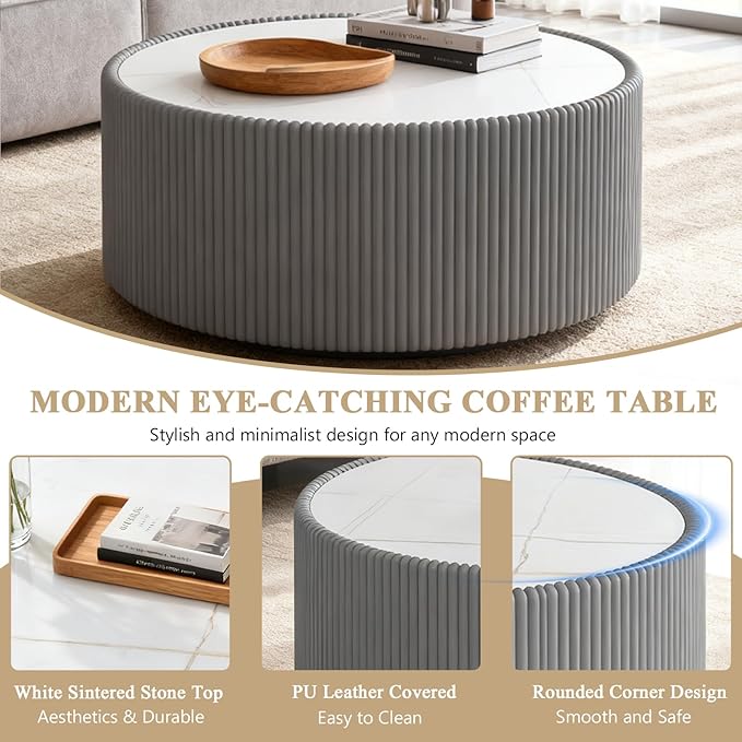 Round Marble Coffee Table Set of 2, 2 Piece White Coffee Table and End Table Set