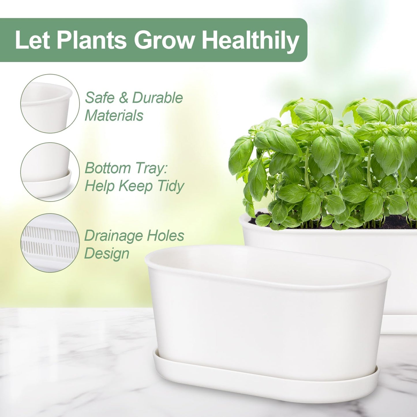 Oliz Set of 4 White Oval Window Sill Planters with Drainage Holes and Trays（7 Inch） for Herbs Basil Orchids Succulents, Modern Herb Garden Planter for Indoor/Outdoor Plants