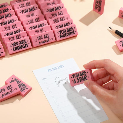 PerKoop 50 Pcs Pcs Inspirational Pink Erasers Bulk Small Motivational Block Pencil Erasers Back to School Gifts for Classroom Students Teachers Office Stationery Supplies